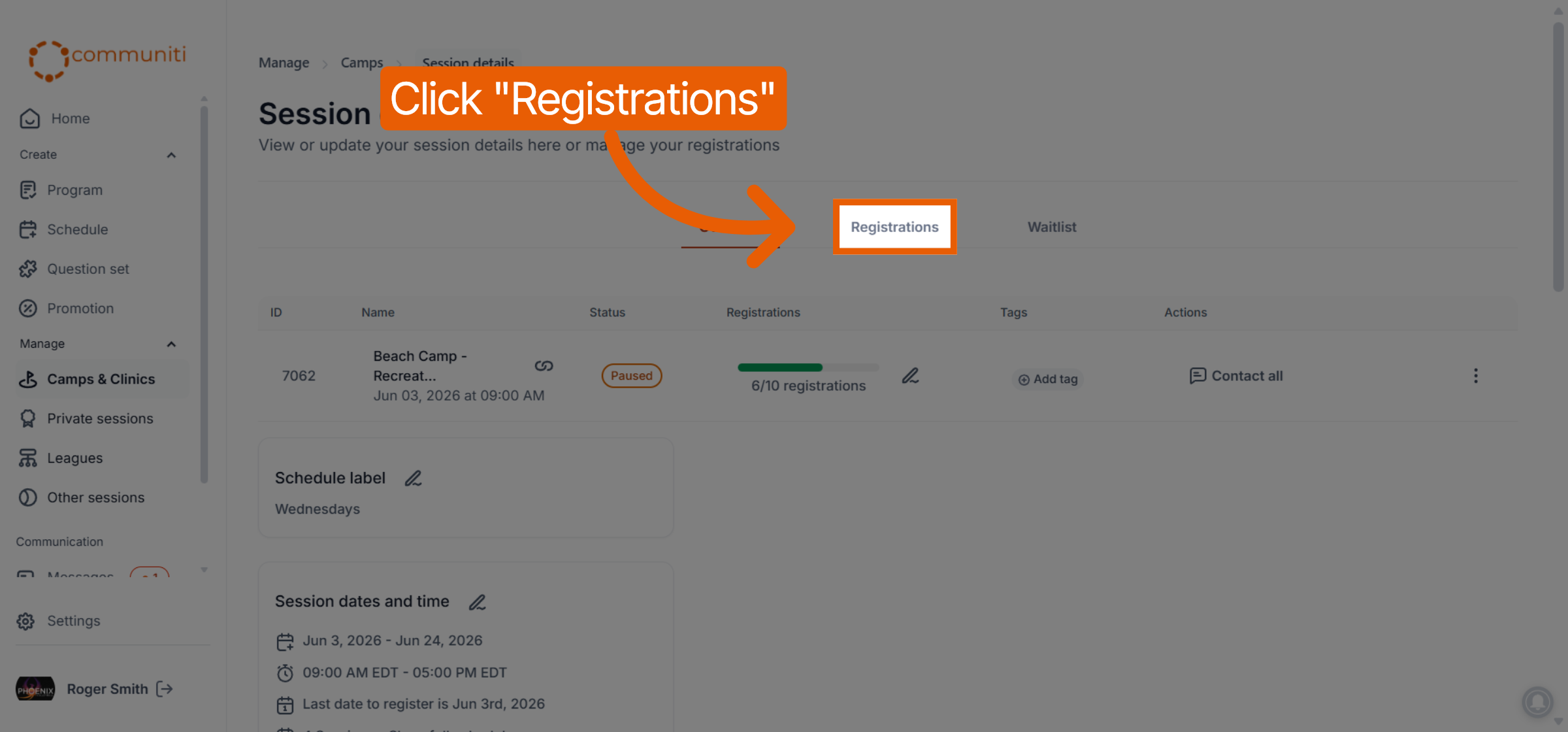 Open Registrations Tab