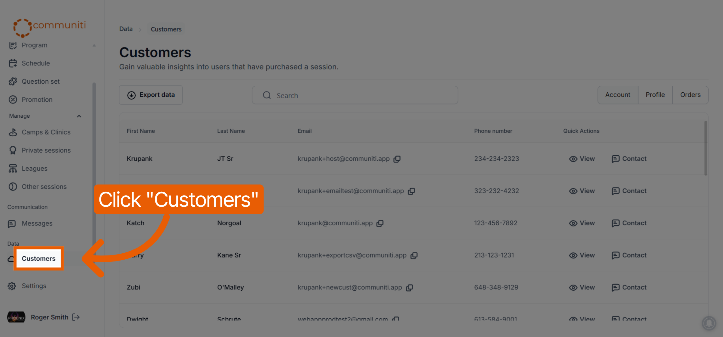 Navigate to Customers Section