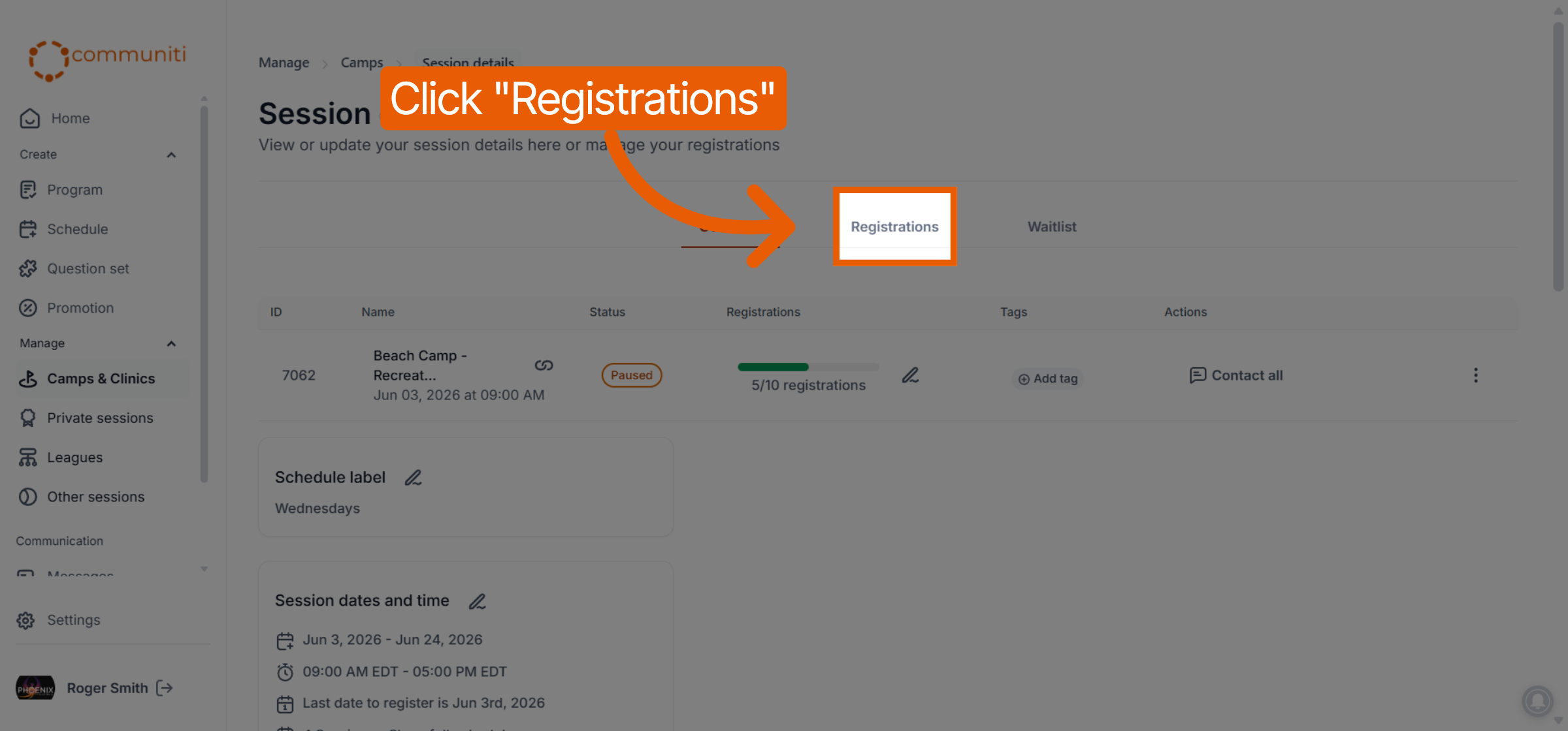 Open Registrations Tab